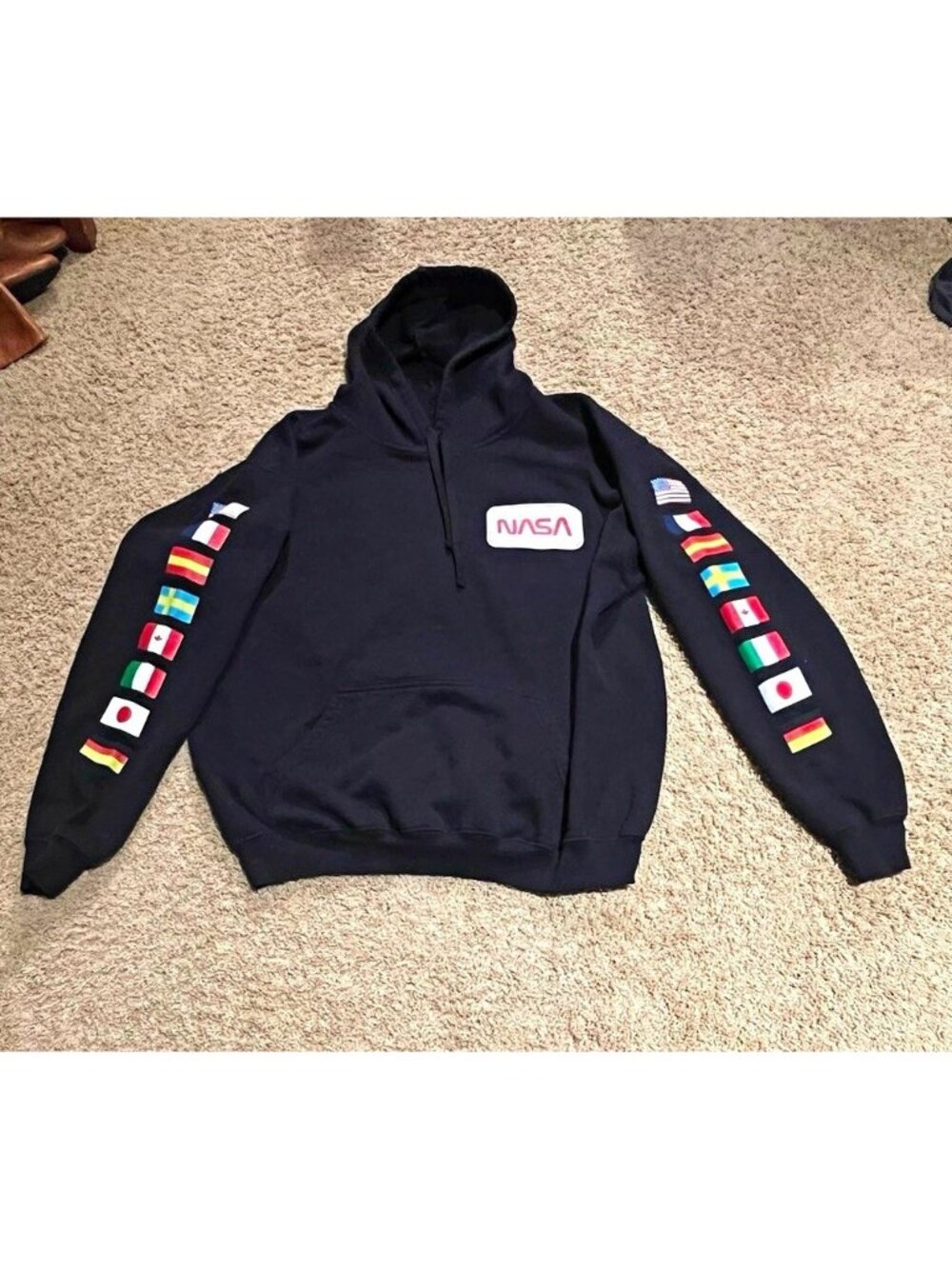 Hyper Space Black Men's XL Regular Pullover Fleece Hoodie NASA Space Flags